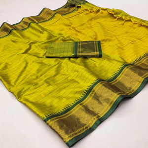 Lemon Green & Dark Green Woven Cotton Silk Saree With Tassels