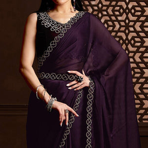 Dark Purple Stone Work Chiffon Saree