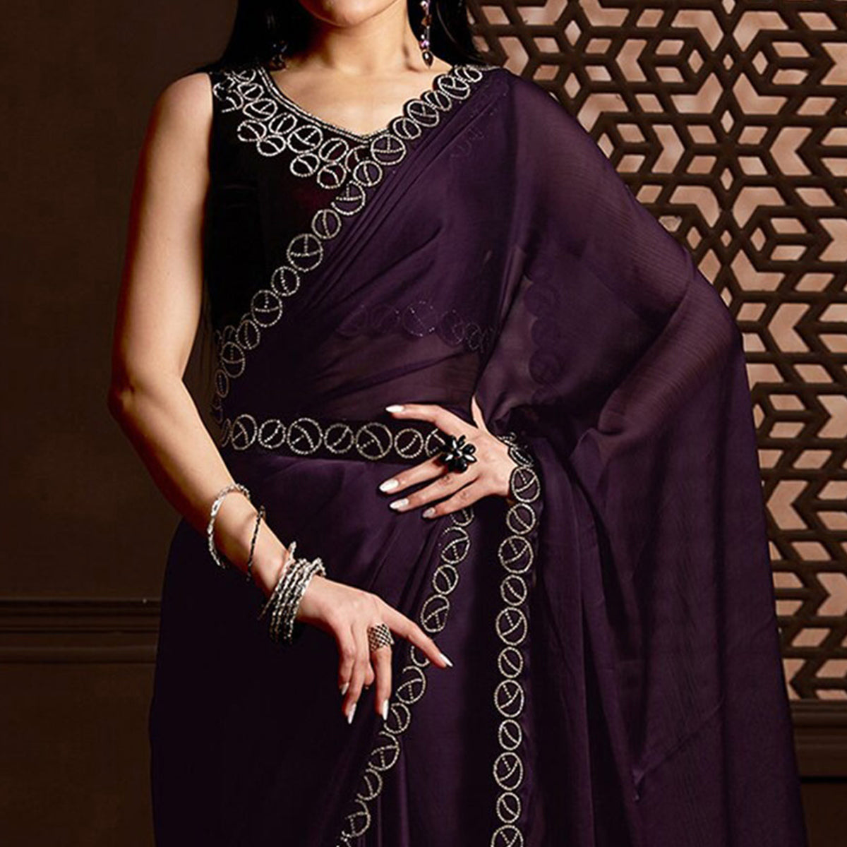 Dark Purple Stone Work Chiffon Saree