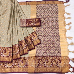 Chikoo Woven Cotton Silk Saree With Tassels