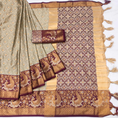 Chikoo Woven Cotton Silk Saree With Tassels