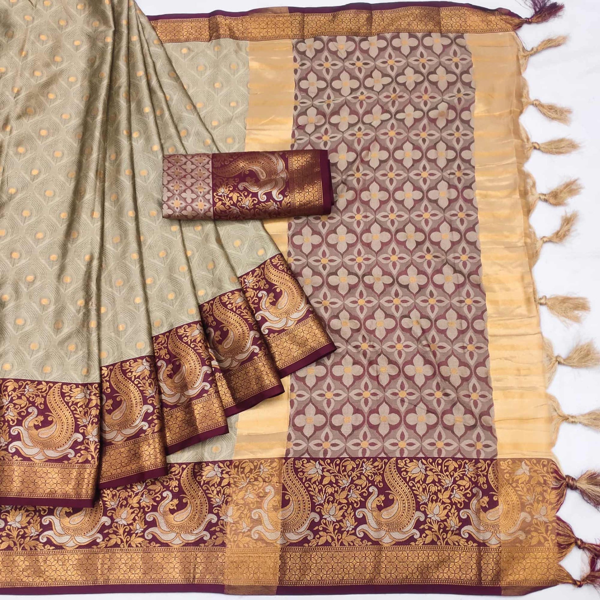 Chikoo Woven Cotton Silk Saree With Tassels