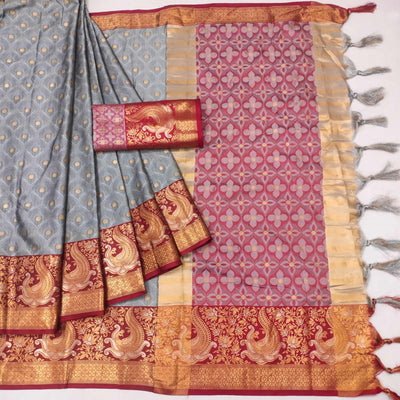 Grey Woven Cotton Silk Saree With Tassels