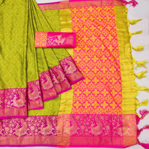 Lemon Green Woven Cotton Silk Saree With Tassels