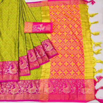 Lemon Green Woven Cotton Silk Saree With Tassels