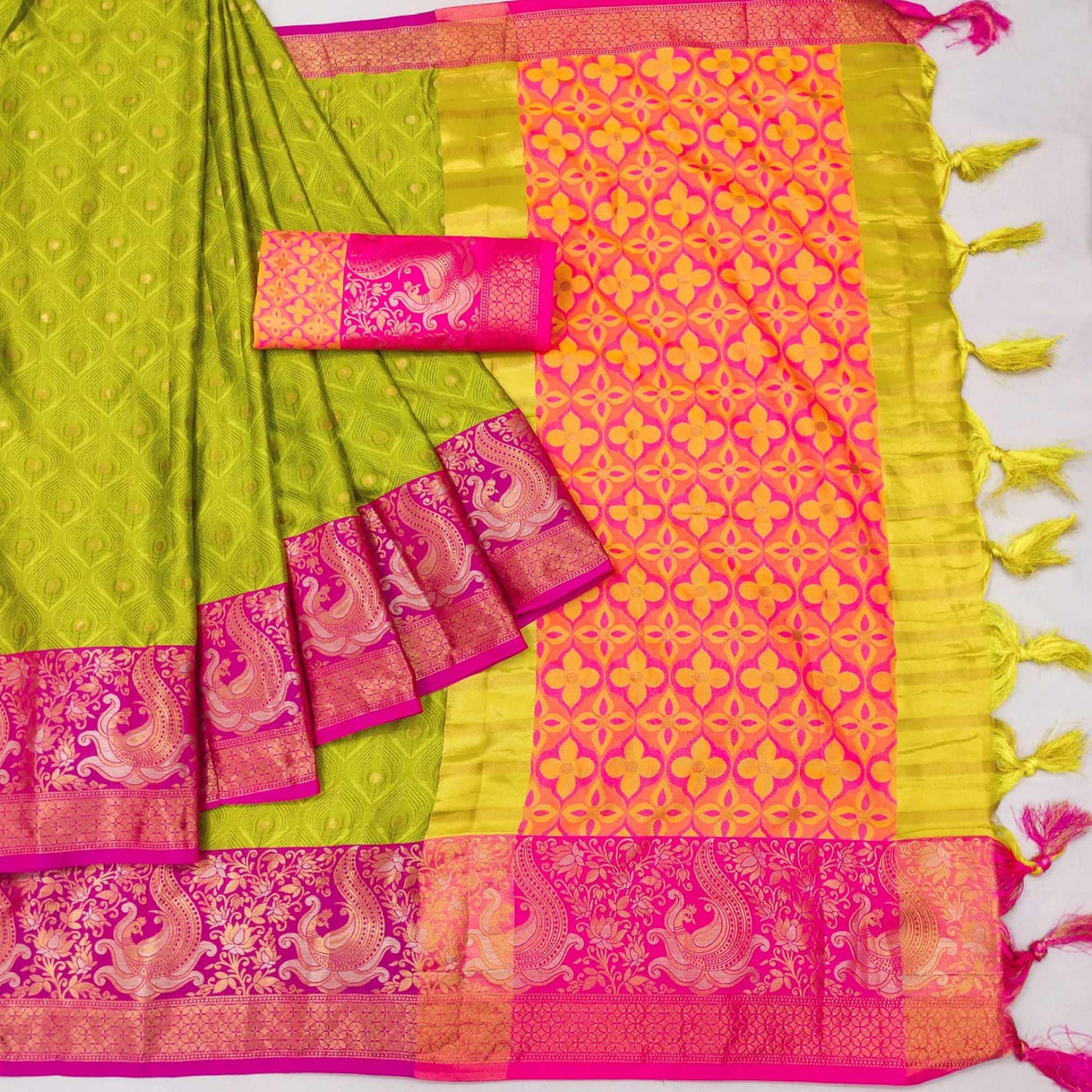 Lemon Green Woven Cotton Silk Saree With Tassels