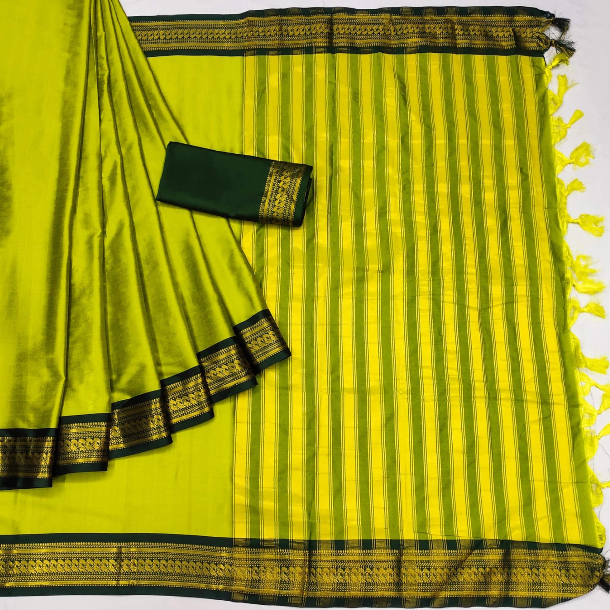 Lemon Green Solid Cotton Silk Saree With Jacquard Border