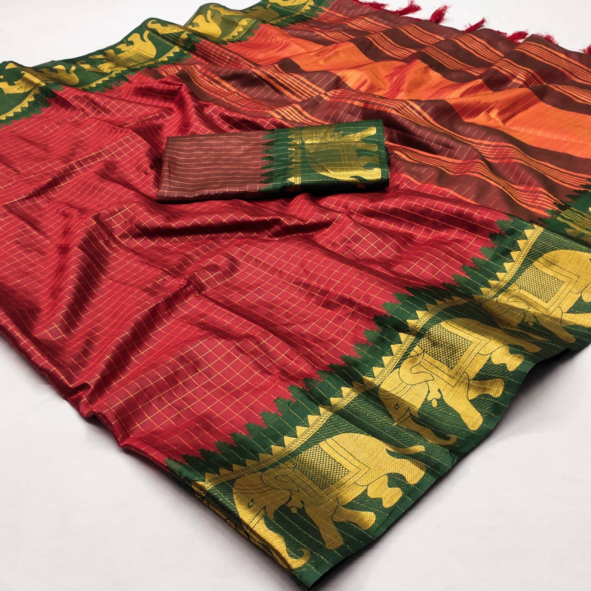 Maroon & Green Woven Cotton Silk Saree With Tassels