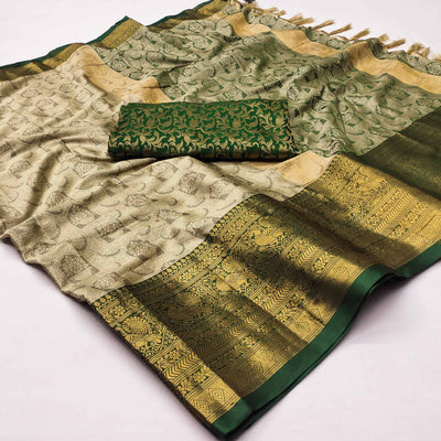 Chikoo Woven Cotton Silk Saree With Tassels