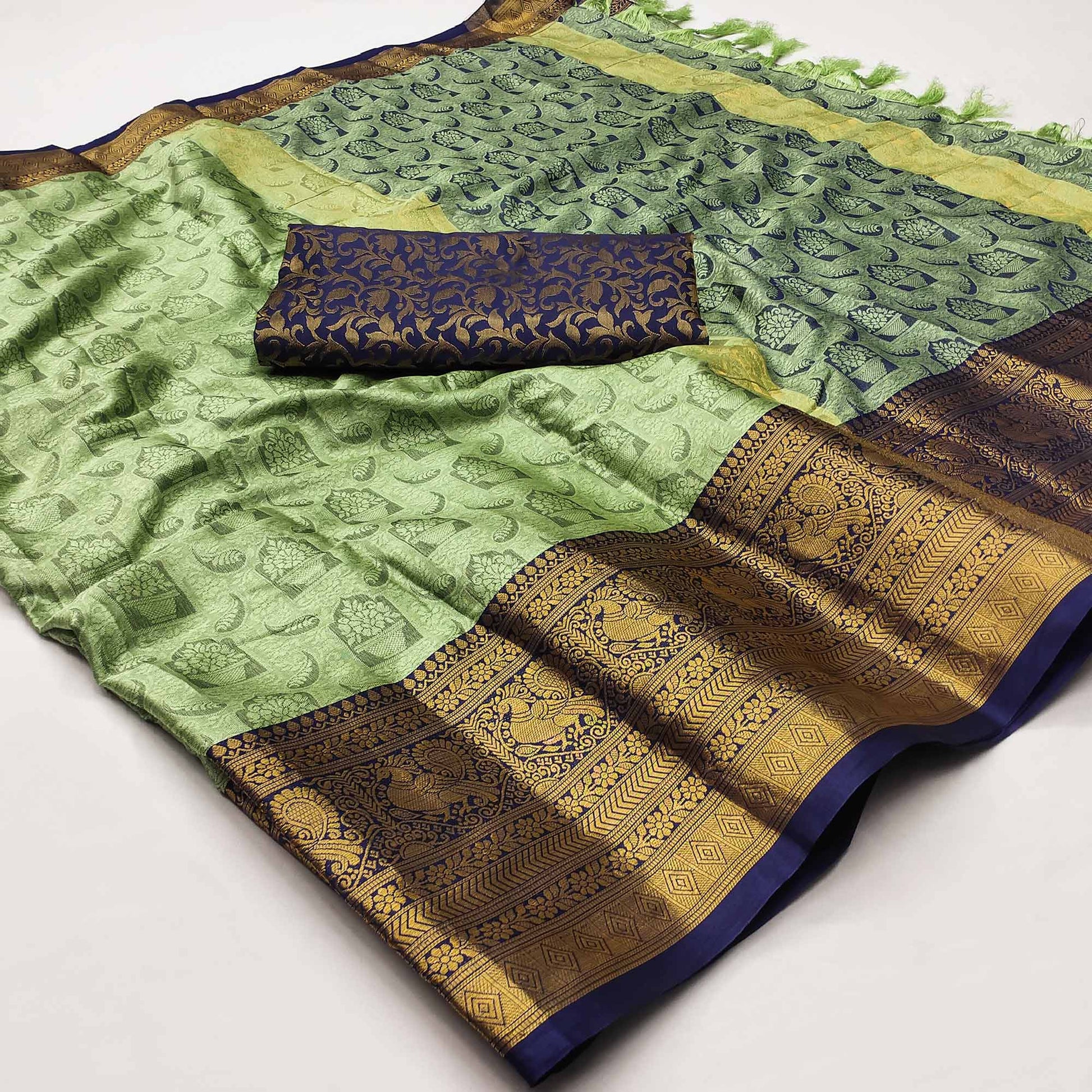 Dusty Green Woven Cotton Silk Saree With Tassels