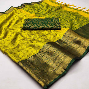 Lemon Yellow Woven Cotton Silk Saree With Tassels