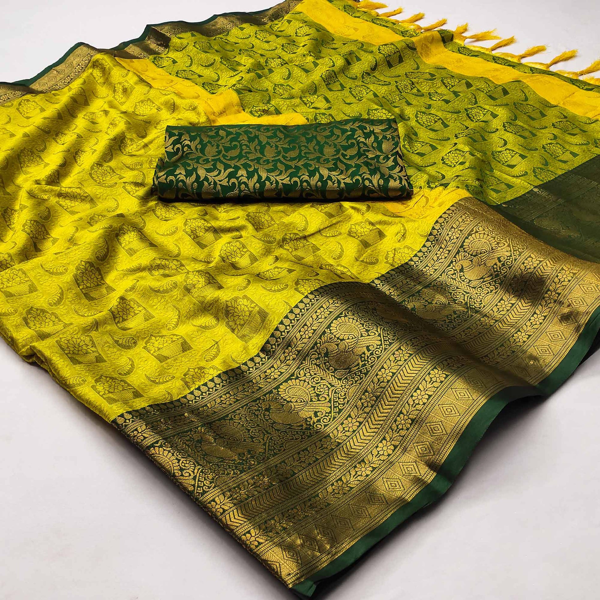 Lemon Yellow Woven Cotton Silk Saree With Tassels