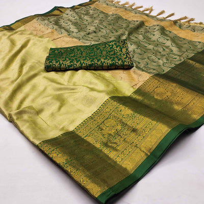 Light Green Woven Cotton Silk Saree With Tassels