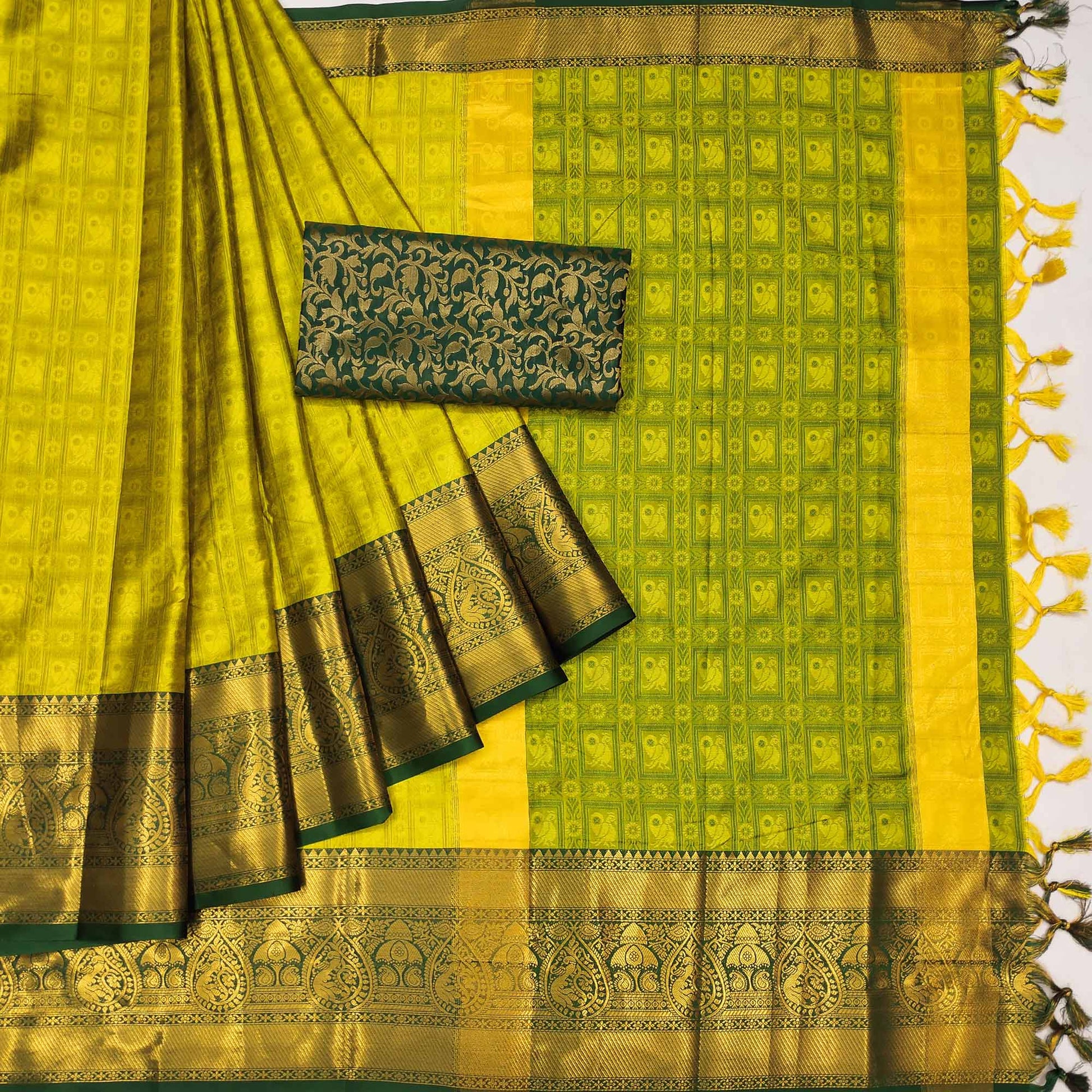 Lemon Yellow Woven Cotton Silk Saree With Tassels