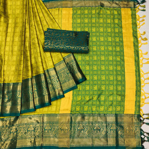 Lemon Yellow & Rama Woven Cotton Silk Saree With Tassels