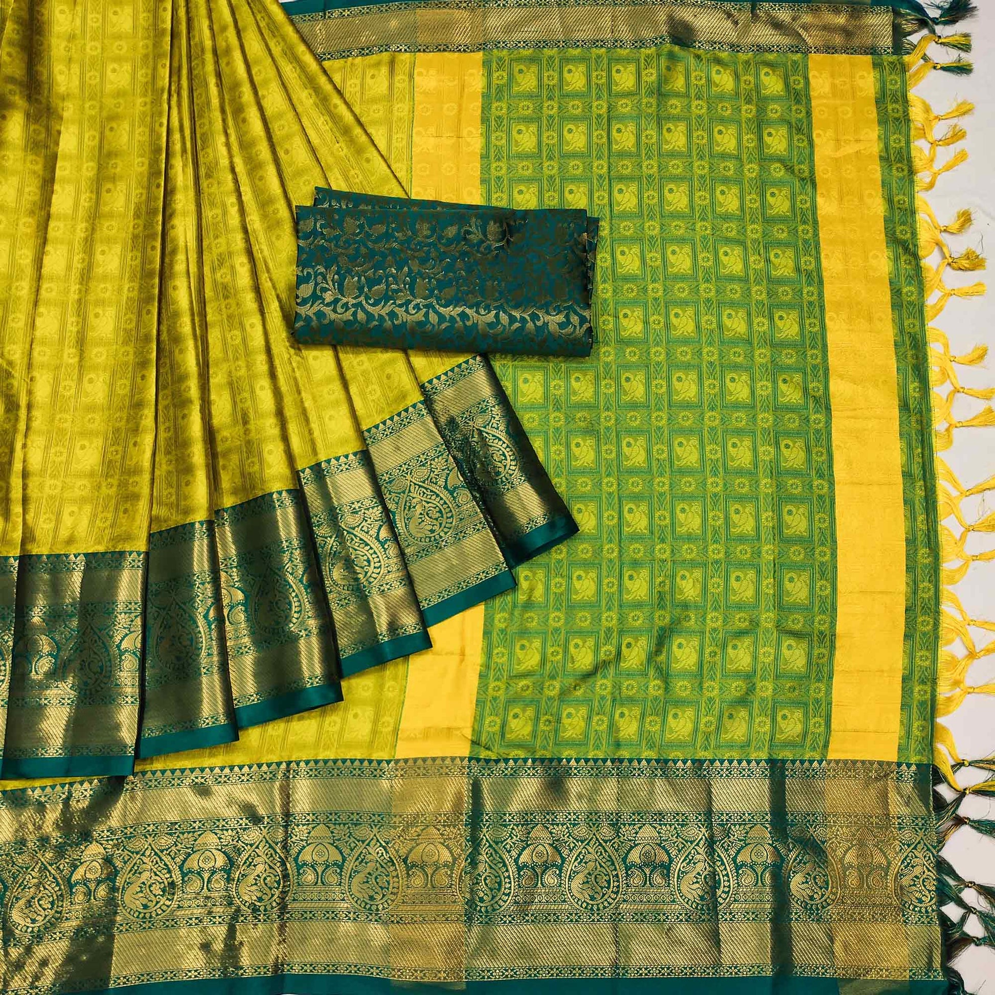 Lemon Yellow & Rama Woven Cotton Silk Saree With Tassels