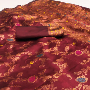 Maroon Floral Woven Art Silk Saree