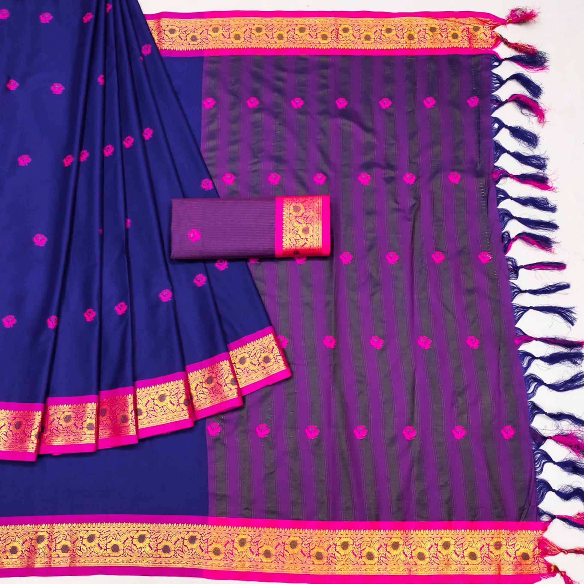 Blue Woven Cotton Silk Saree With Tassels