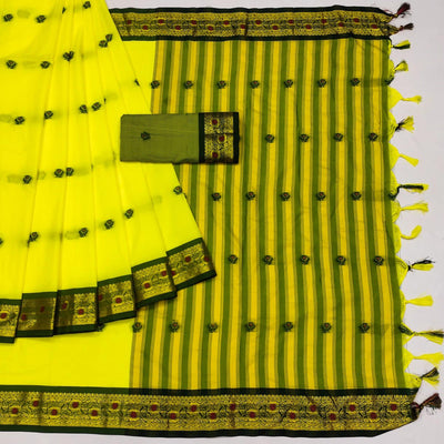 Lemon Yellow Woven Cotton Silk Saree With Tassels