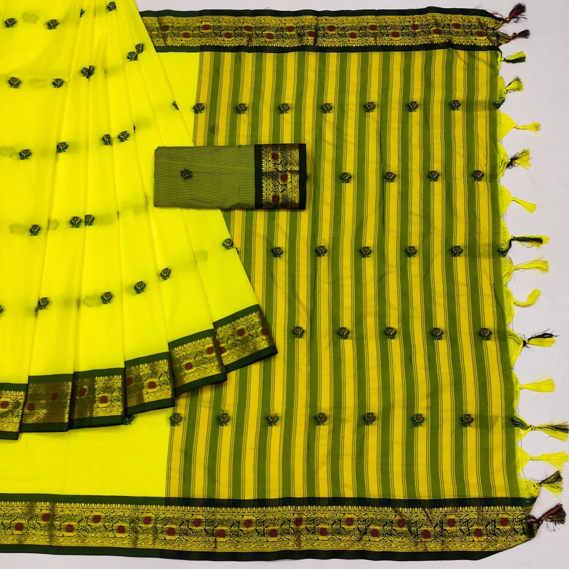 Lemon Yellow Woven Cotton Silk Saree With Tassels