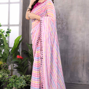Light Pink Striped Printed Georgette Saree With Embroidered Border