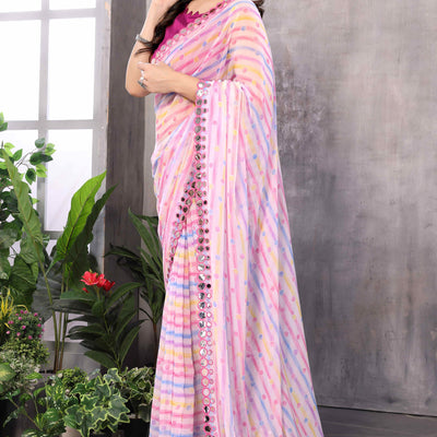 Light Pink Striped Printed Georgette Saree With Embroidered Border