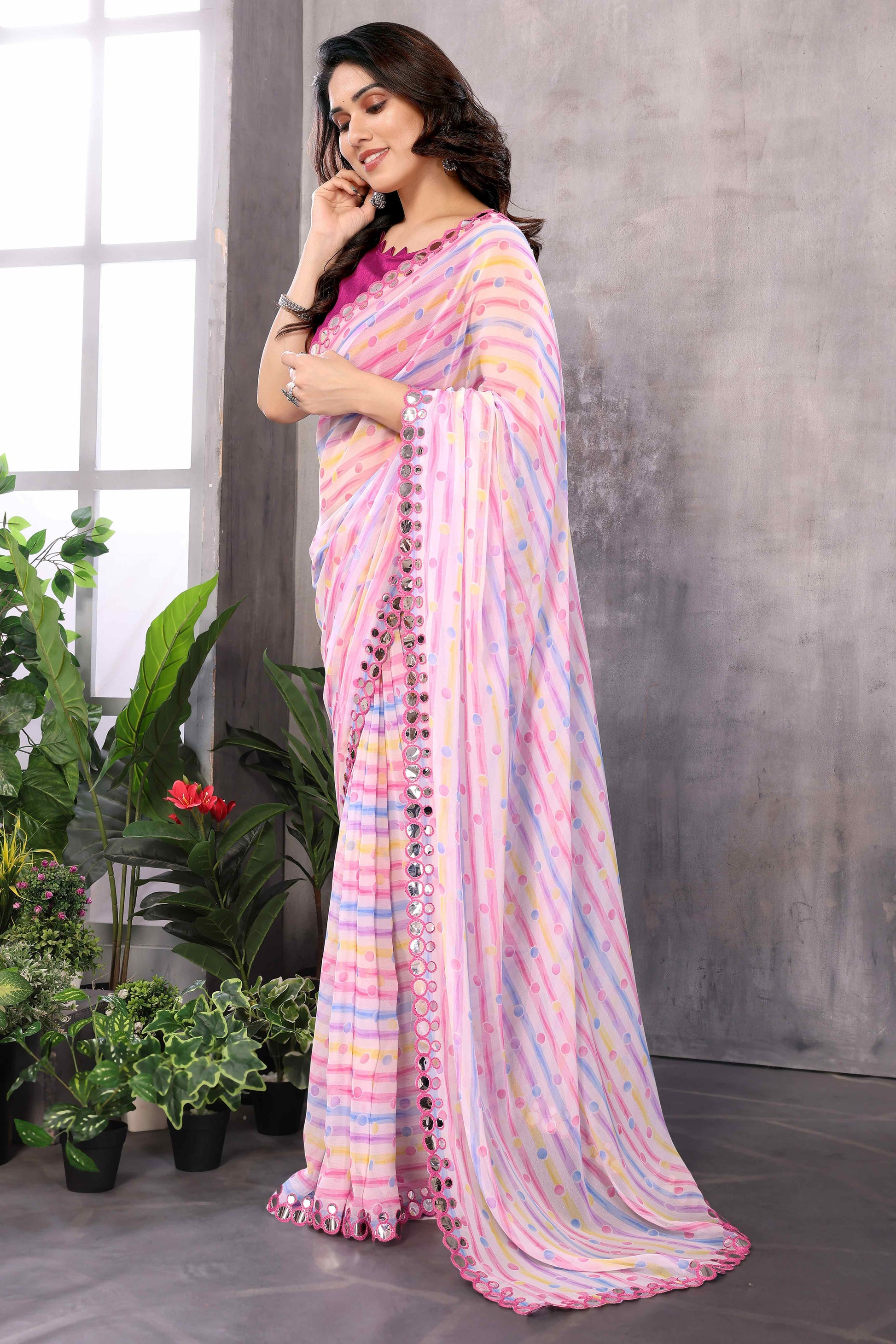 Light Pink Striped Printed Georgette Saree With Embroidered Border