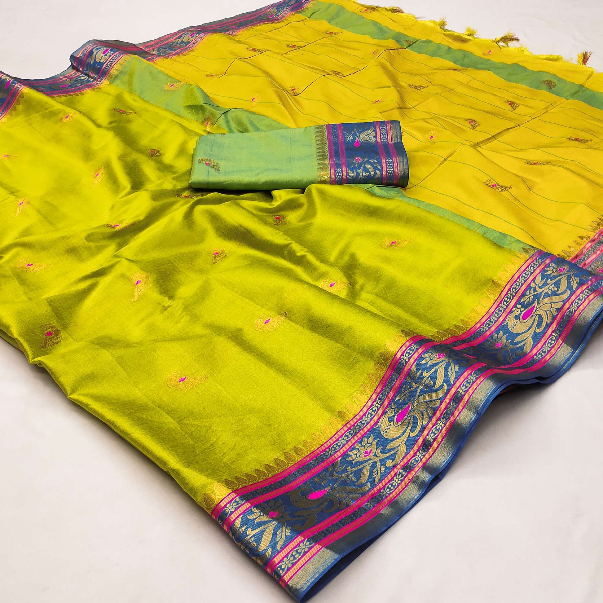 Lemon Green Butti Work Woven Cotton Silk Saree
