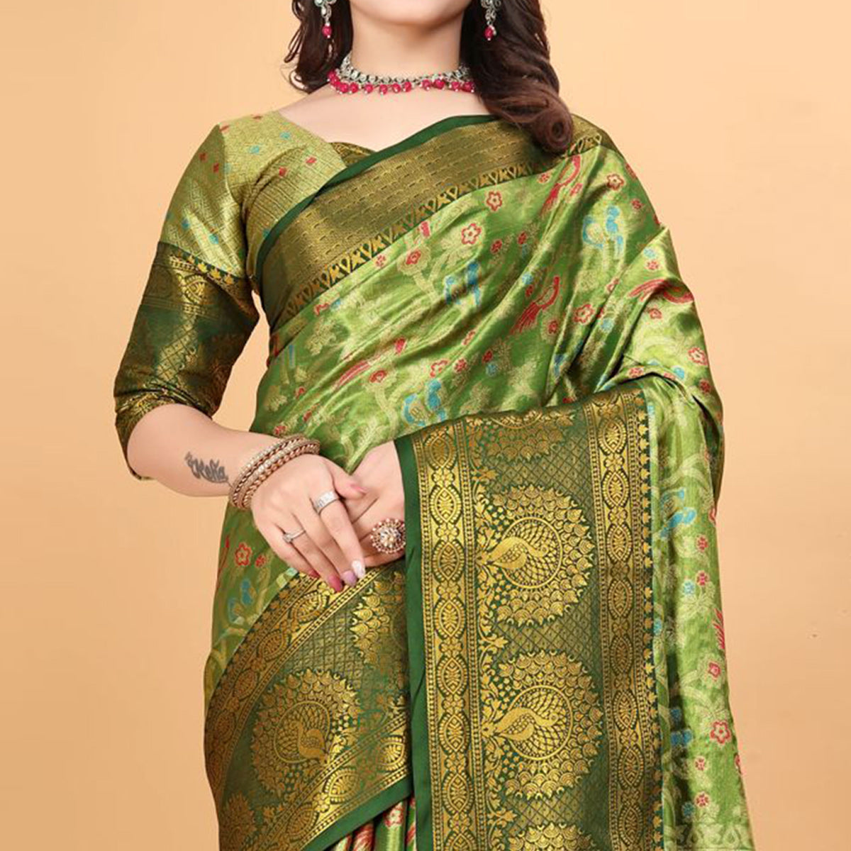 green-floral-woven-tissue-silk-saree-with-tassels