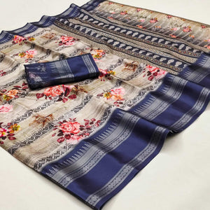 Indigo Blue Floral Digital Printed Cotton Silk Saree