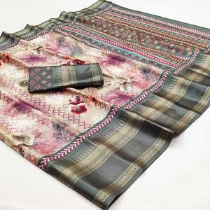Light Grey Floral Digital Printed Cotton Silk Saree