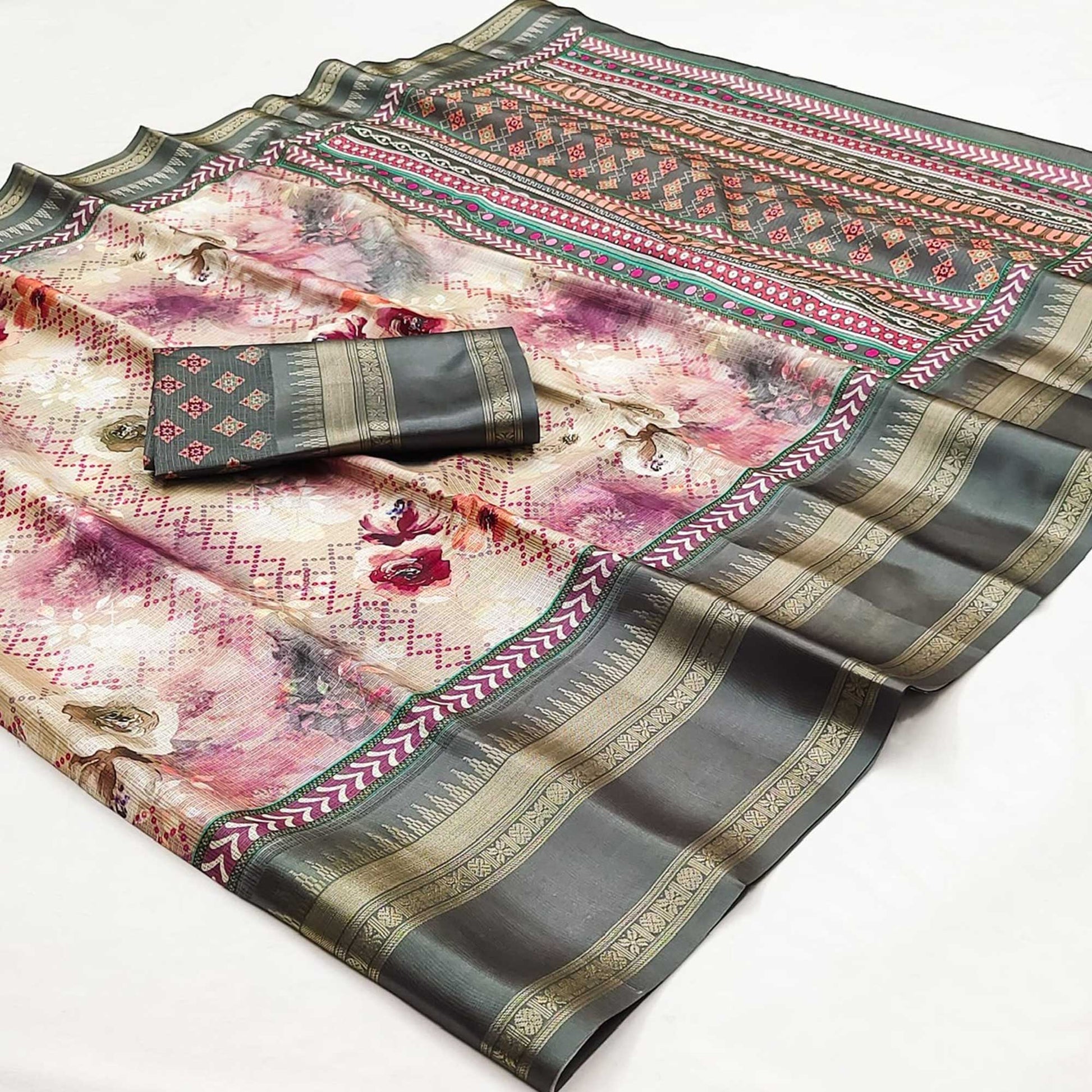 Light Grey Floral Digital Printed Cotton Silk Saree