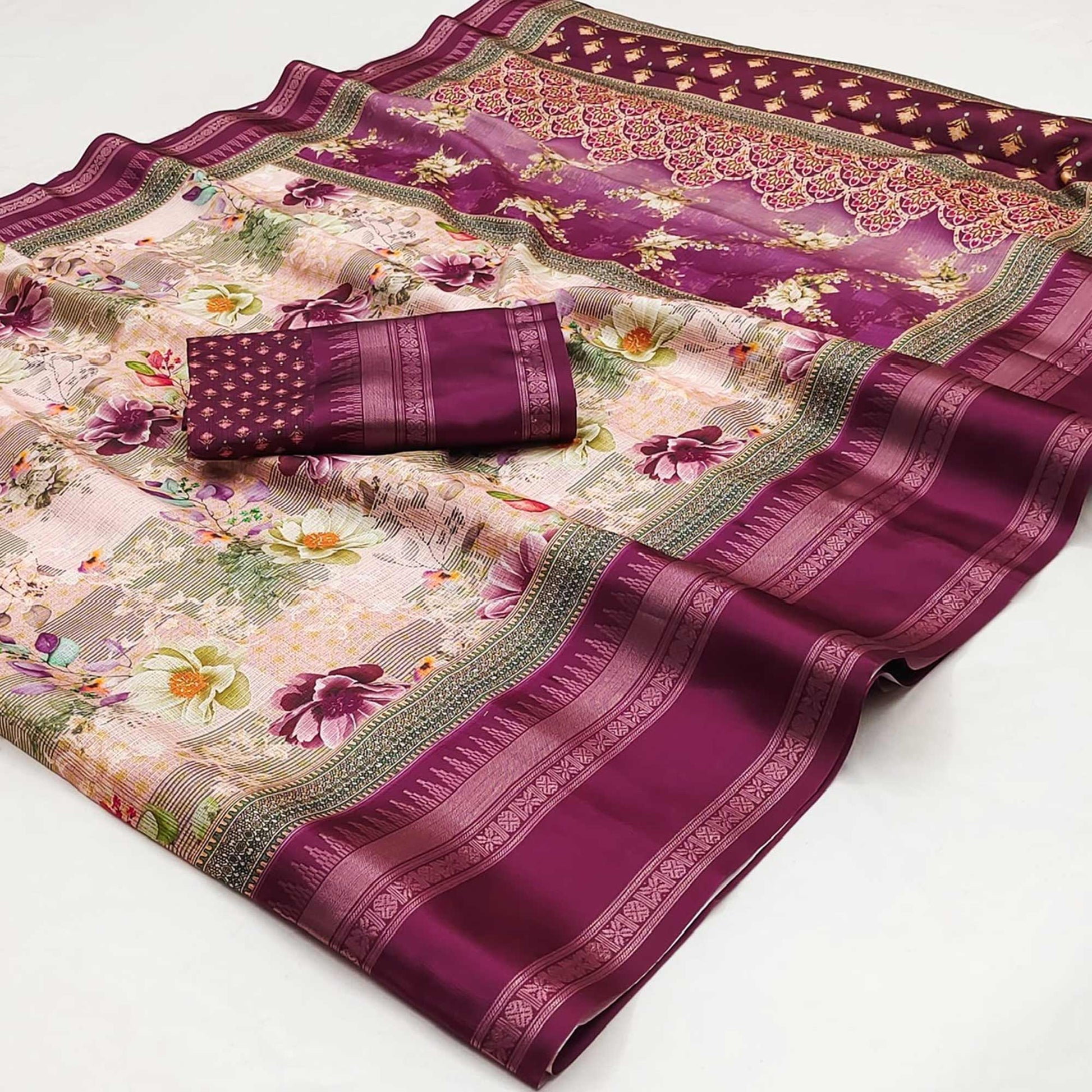 Magenta Floral Digital Printed Cotton Silk Saree