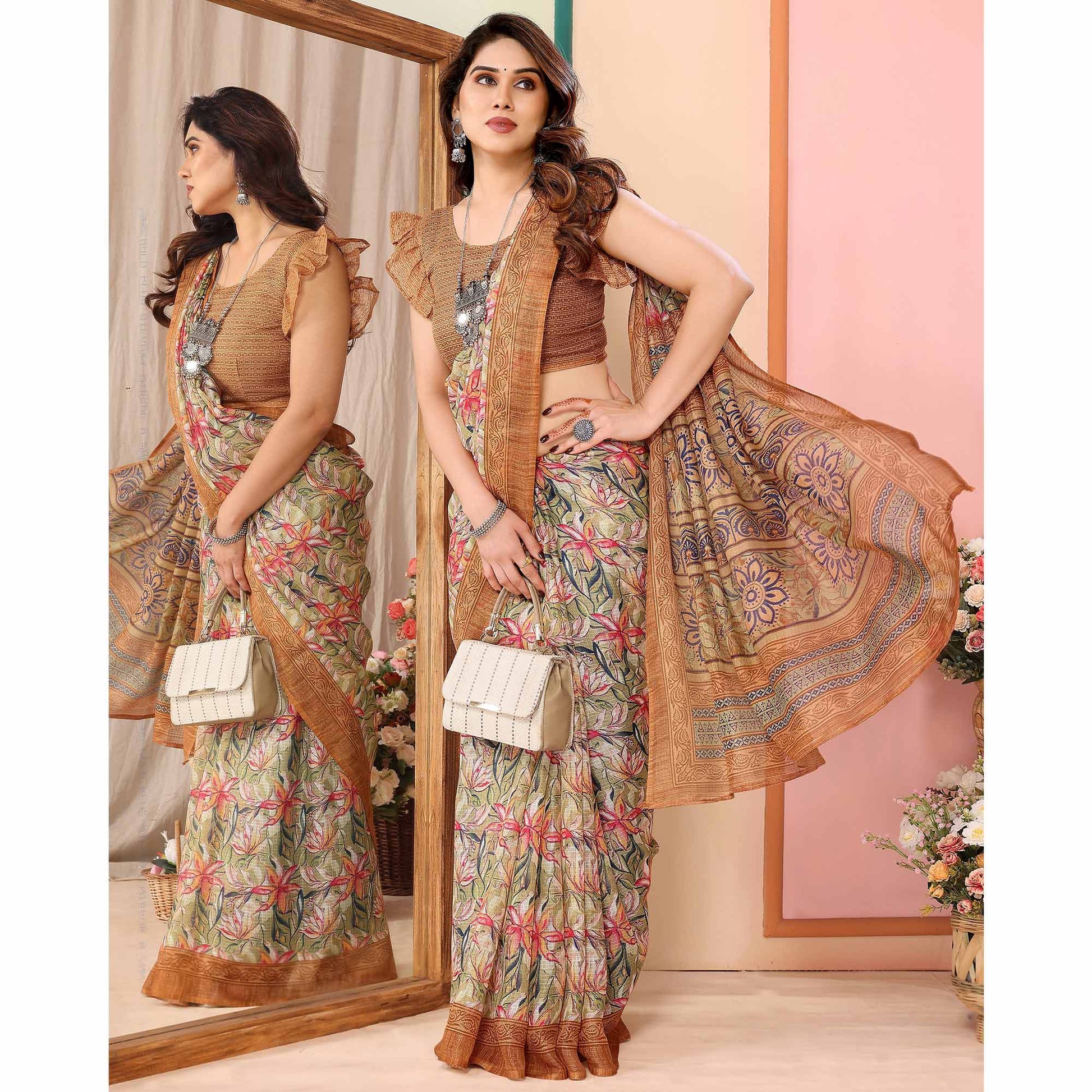 green-brown-floral-printed-kota-doria-saree