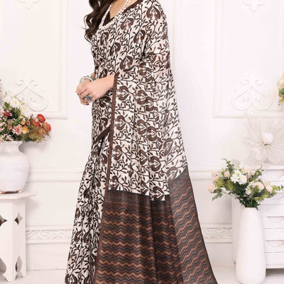 Brown Floral Printed Khaadi Saree