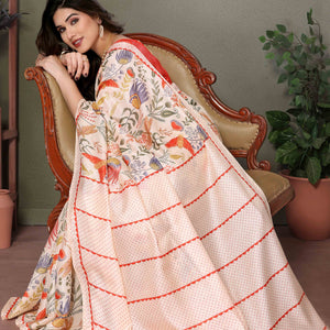 Cream Floral Printed Khaadi Saree