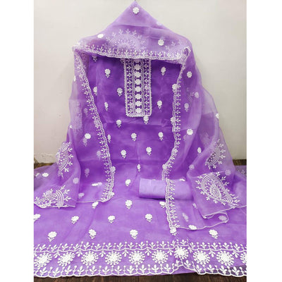 Light Purple Floral Embroidered Organza Dress Material