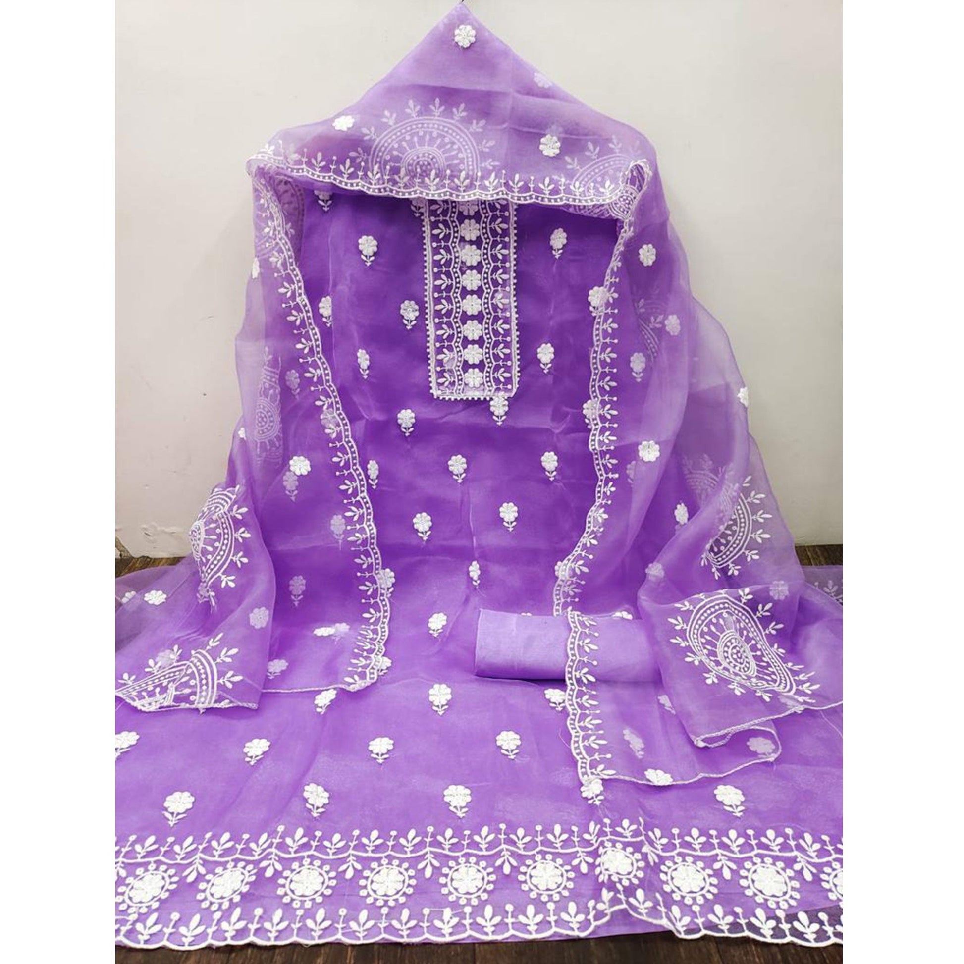 Light Purple Floral Embroidered Organza Dress Material