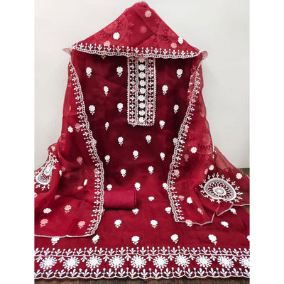 Maroon Floral Embroidered Organza Dress Material