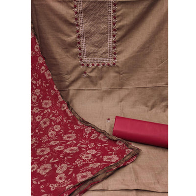 Brown Floral Embroidered Cotton Blend Dress Material