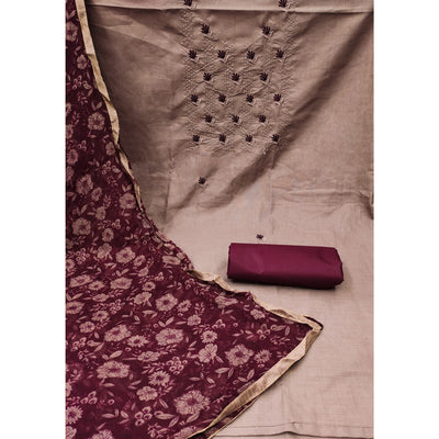 Chikoo Floral Embroidered Cotton Blend Dress Material