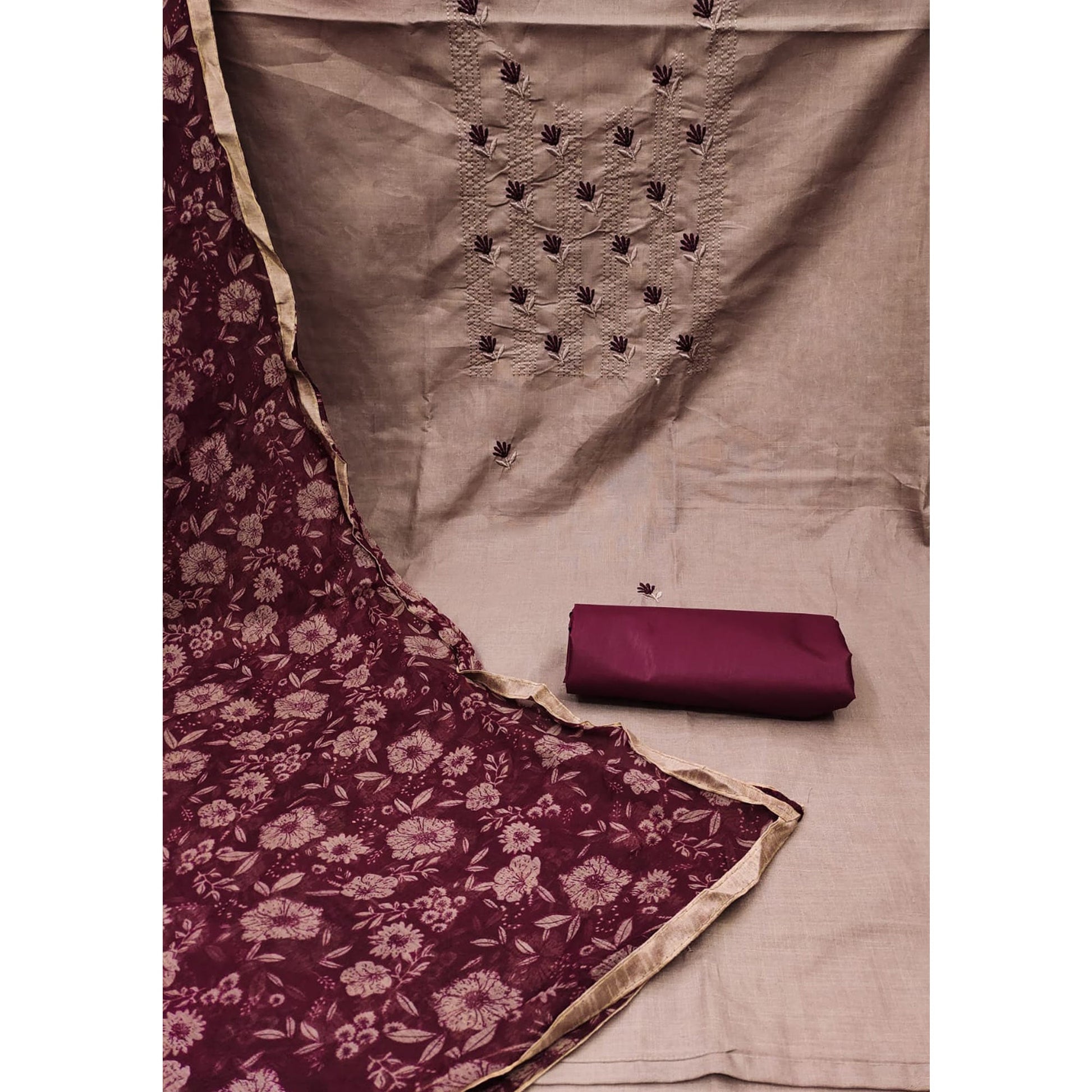 Chikoo Floral Embroidered Cotton Blend Dress Material