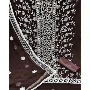 Coffee Brown Floral Embroidered Georgette Dress Material