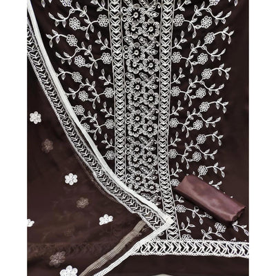 Coffee Brown Floral Embroidered Georgette Dress Material