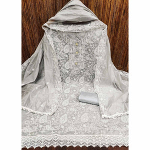 Light Gray Floral Embroidered Chanderi Dress Material