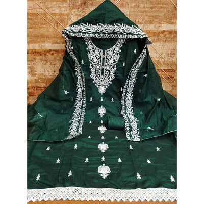 Bottle Green Floral Embroidered Chanderi Dress Material