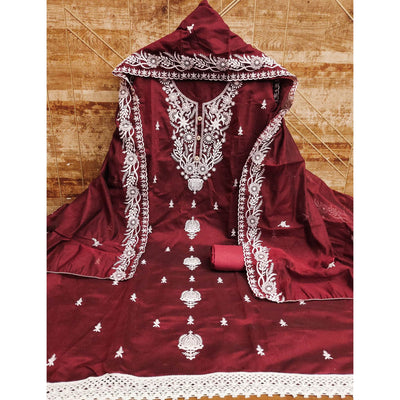 Maroon Floral Embroidered Chanderi Dress Material