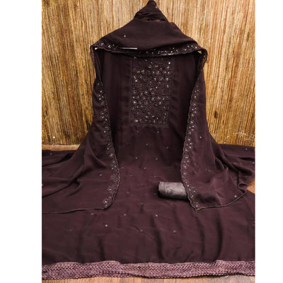 Brown Floral Embroidered Georgette Dress Material