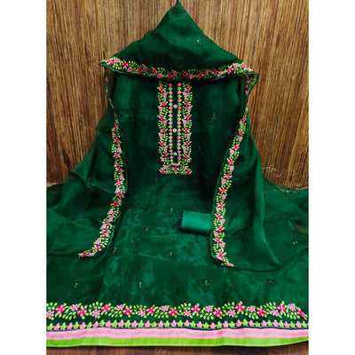 Bottle Green Floral Embroidered Organza Dress Material