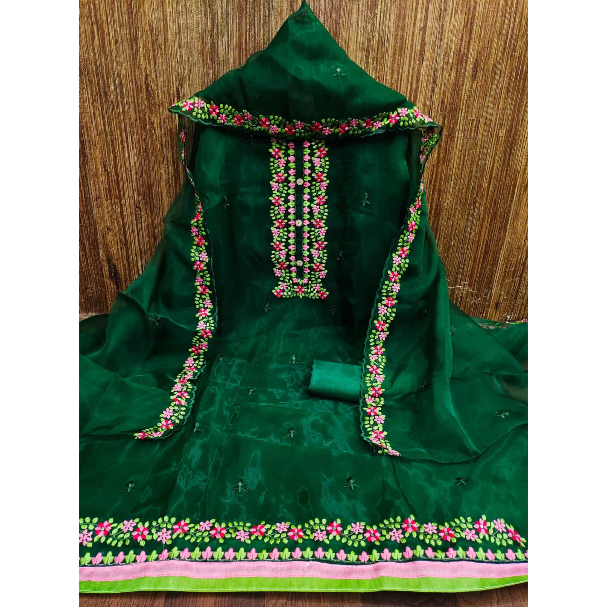 Bottle Green Floral Embroidered Organza Dress Material